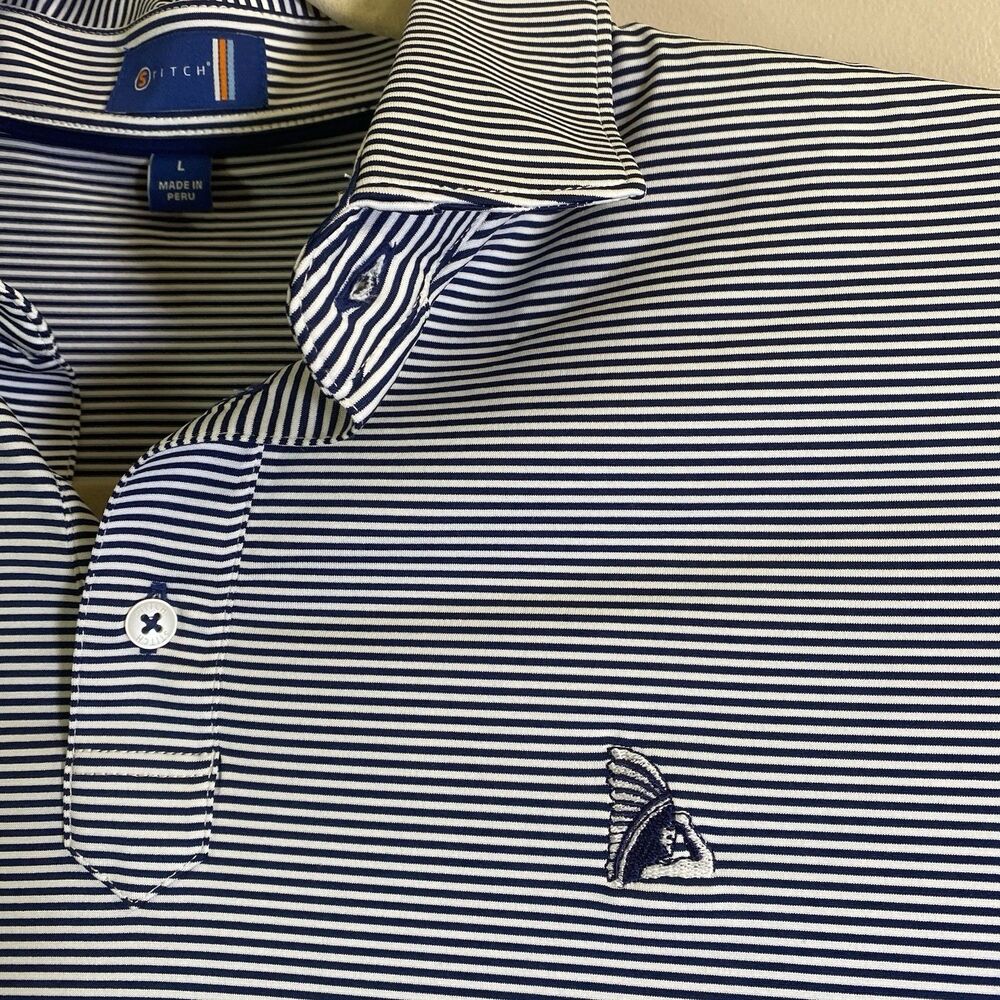Stitch Polo Shirt Mens Large Navy Striped Indian Head Comfort Golf Stretch